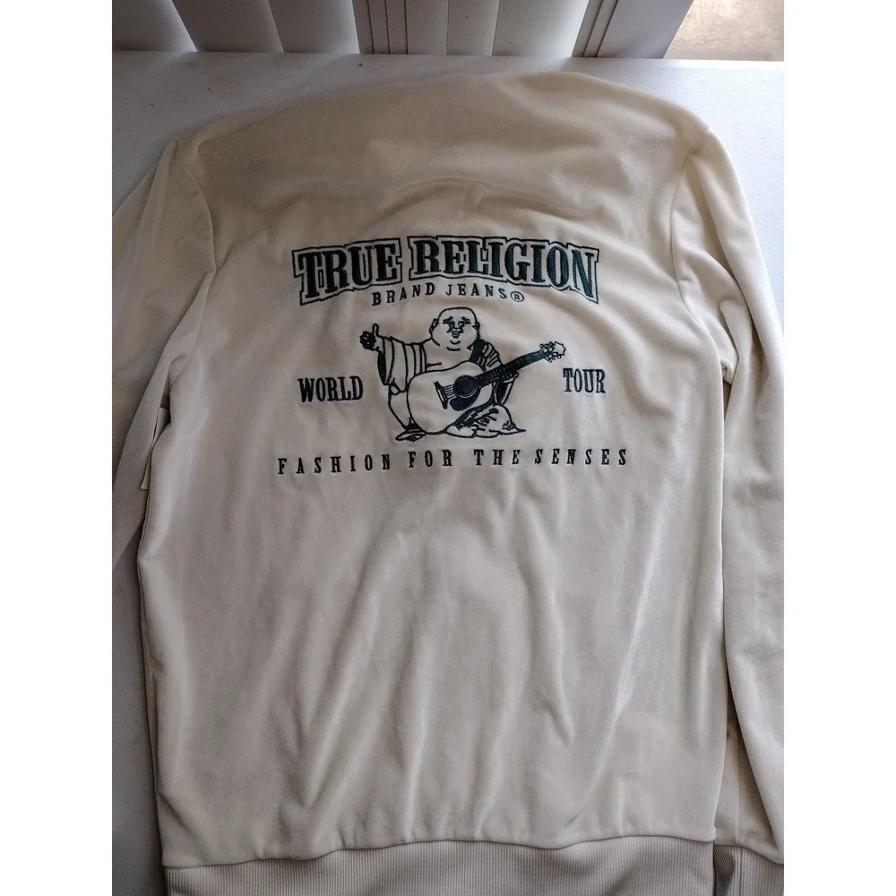 True Religion World Tour Velour Zip Up Hoodie Cream Buddha‎ Logo Small